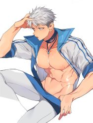 Rule 34 | 1boy, alfi (tok), bad id, bad twitter id, blue eyes, groin, hand on own head, highres, jacket, jewelry, large pectorals, mabinogi, male focus, merlin (mabinogi), necklace, open clothes, open shirt, pants, pectorals, shiny skin, silver hair, solo, toned, toned male, undercut, white jacket, white pants