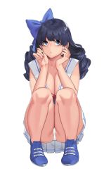 Rule 34 | 1girl, absurdres, blue bow, blue eyes, blue footwear, bow, breasts, cleavage, closed mouth, commission, dress, hair bow, highres, korean commentary, large breasts, legs, long hair, looking up, mimyo, original, red bow, sitting, solo, squatting, thighs, underwear, wavy hair, white dress