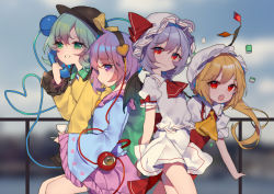 Rule 34 | 4girls, ascot, bare legs, bat wings, black hat, blonde hair, blue shirt, bow, closed mouth, commentary request, cup, day, fang, flandre scarlet, green eyes, green hair, hairband, hat, hat bow, hat ribbon, heart, heart of string, komeiji koishi, komeiji satori, long sleeves, looking at viewer, miebao, miniskirt, multiple girls, open mouth, outdoors, pink skirt, puffy short sleeves, puffy sleeves, purple eyes, purple hair, red eyes, red ribbon, red skirt, remilia scarlet, ribbon, shirt, short hair, short sleeves, siblings, sisters, skirt, skirt set, smile, standing, teacup, third eye, touhou, vest, white skirt, wide sleeves, wings, yellow bow