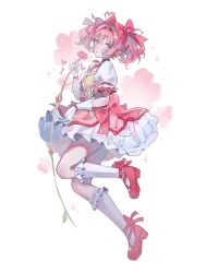 Rule 34 | 1girl, :o, ahoge, allie (ruii 10), dress, floating, flower, frilled socks, frills, from side, full body, gloves, hair between eyes, hair intakes, heart, heart ahoge, high heels, highres, holding, holding flower, kaname madoka, kneehighs, knees together feet apart, looking at viewer, mahou shoujo madoka magica, miniskirt, open mouth, pink eyes, pink flower, pink hair, pleated skirt, puffy short sleeves, puffy sleeves, red dress, red footwear, short hair, short sleeves, short twintails, sideways glance, signature, simple background, skirt, sleeveless, sleeveless dress, socks, solo, twintails, watermark, white background, white gloves, white skirt, white socks