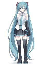 Rule 34 | 1girl, absurdres, aqua eyes, bare shoulders, black skirt, black sleeves, boots, commentary, detached sleeves, full body, hatsune miku, highres, long hair, necktie, pleated skirt, shiratakiseaice, shirt, skirt, sleeveless, sleeveless shirt, solo, standing, thigh boots, thighhighs, twintails, very long hair, vocaloid, white background