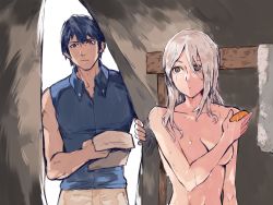Rule 34 | 1boy, 1girl, blue eyes, blue hair, breasts, chrom (fire emblem), cleavage, clothed male nude female, fire emblem, fire emblem awakening, grey eyes, highres, long hair, nintendo, nude, robin (female) (fire emblem), robin (fire emblem), short hair, shower, surprised, walk-in, white hair, yourfreakyneighbourh