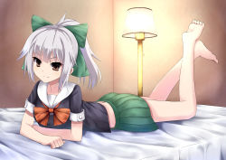 Rule 34 | 10s, 1girl, absurdres, bare legs, barefoot, bed, bed sheet, blunt bangs, bow, brown eyes, crossed arms, feet, full body, green bow, hair bow, high ponytail, highres, indoors, iwashi (nisankatanso), kantai collection, knees apart feet together, lamp, lampshade, large bow, legs up, light smile, looking at viewer, lying, midriff, no legwear, on stomach, pleated skirt, ponytail, school uniform, serafuku, short hair, short sleeves, sidelocks, silver hair, skirt, solo, the pose, tsurime, yuubari (kancolle)
