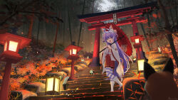 1girl :3 :d absurdres ahoge animal_ear_fluff animal_ears bamboo bamboo_forest chinese_knot fang forest fox fox_ears fox_girl fox_tail green_eyes hair_ornament hakama hakama_short_skirt hakama_skirt hands_up heterochromia highres holding holding_umbrella japanese_clothes kosode lantern long_hair looking_at_viewer miko nature oil-paper_umbrella open_mouth orange_eyes outdoors pom_pom_(clothes) pom_pom_hair_ornament print_umbrella purple_hair red_skirt red_umbrella scratching_with_foot search_illust skirt smile socks solo stairs stellive tail tenko_shibuki torii umbrella very_long_hair white_socks wide_shot