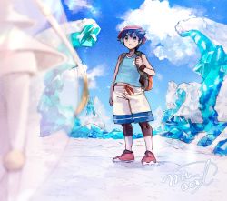 Rule 34 | 1boy, arm at side, backpack, bag, black hair, cloud, commentary request, creatures (company), crystal, day, elio (pokemon), game freak, gen 7 pokemon, hanenbo, hat, highres, holding strap, looking at another, nintendo, outdoors, pheromosa, pokemon, pokemon (creature), pokemon usum, red headwear, shoes, short hair, shorts, signature, sky, standing, tank top, ultra beast
