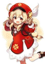 Rule 34 | 1girl, ahoge, backpack, bag, blonde hair, bloomers, boots, brown bag, brown footwear, brown gloves, child, clover print, commentary, dress, genshin impact, gloves, hands up, hat, hat feather, highres, klee (genshin impact), leg up, light blush, long sleeves, looking at viewer, medium hair, open mouth, pocket, pointy ears, red dress, red eyes, red hat, smile, socks, solo, stuffed toy, toro (shiro), twintails, underwear, white background, white bloomers