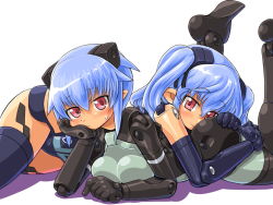 Rule 34 | 10s, 2girls, bad id, bad pixiv id, blue hair, busou shinki, dd (ijigendd), doll joints, head on ass, joints, lying, multiple girls, on stomach, pointy ears, red eyes, short hair, strarf, twintails, valona