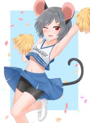 Rule 34 | 1girl, alternate costume, animal ears, arm up, armpits, bike shorts, black shorts, blue background, blue skirt, blush, border, cheerleader, clothes writing, confetti, dakuazu, grey hair, highres, holding, holding pom poms, leg up, looking at viewer, midriff, mouse ears, mouse tail, navel, nazrin, one eye closed, outside border, pom pom (cheerleading), pom poms, red eyes, shirt, short hair, shorts, simple background, skirt, solo, tail, touhou, underwear, white border, white footwear, white shirt