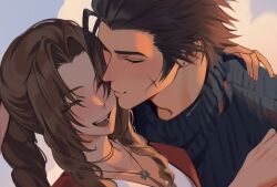 Rule 34 | 1boy, 1girl, aerith gainsborough, black hair, blue sky, braid, braided ponytail, brown hair, choker, closed eyes, cloud, cloudy sky, commentary, couple, crisis core final fantasy vii, cross scar, drill hair, drill sidelocks, earrings, english commentary, final fantasy, final fantasy vii, final fantasy vii rebirth, final fantasy vii remake, hair slicked back, highres, hug, jacket, jewelry, kiss, kissing cheek, light blush, long hair, montaro, open mouth, outdoors, parted bangs, red jacket, ribbed sweater, scar, sidelocks, sky, sleeveless, sleeveless turtleneck, smile, spiked hair, stud earrings, sweater, turtleneck, turtleneck sweater, upper body, zack fair