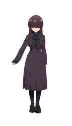 1girl black_footwear black_sweater blazer blush breasts brown_jacket brown_skirt covered_eyes facing_viewer full_body hair_over_eyes highres jacket kakure_meme kimi_no_koto_ga_dai_dai_dai_dai_daisuki_na_100-nin_no_kanojo large_breasts light_frown long_bangs long_sleeves medium_skirt mole mole_under_mouth official_art pleated_skirt shoes sidelocks simple_background skirt sleeves_past_wrists solo standing sweater tachi-e transparent_background turtleneck turtleneck_sweater