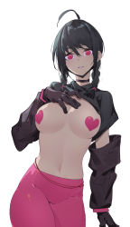 Rule 34 | 1girl, absurdres, ahoge, arm support, black hair, braid, breasts, choker, cowboy shot, detached sleeves, gloves, hand on own chest, heart pasties, highres, huang (volt0526), medium breasts, navel, original, pale skin, parted lips, pasties, pink eyes, simple background, solo, twin braids, white background