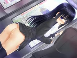 Rule 34 | 1girl, ass, black hair, exhibitionism, game cg, long hair, no panties, public indecency, train interior