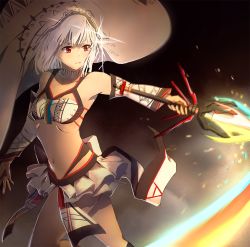 Rule 34 | 1girl, altera (fate), breasts, collarbone, dark-skinned female, dark skin, detached sleeves, fate/grand order, fate (series), holding, holding staff, hood, kosumi, layered skirt, midriff, miniskirt, navel, red eyes, silver hair, skirt, small breasts, solo, staff, standing, stomach, white skirt, white sleeves