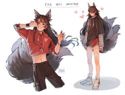 Rule 34 | 1girl, animal ear fluff, animal ears, arms at sides, artist name, bandaid, bandaid on knee, bandaid on leg, bbybluemochi, black choker, black hair, black hoodie, black nails, black tail, brown hair, cargo pants, choker, collar, commentary, crop top, dolphin shorts, drawstring, ear piercing, earrings, english commentary, english text, floating hair, fox ears, fox girl, fox tail, genderswap, genderswap (mtf), grin, hair over eyes, heart, highres, hood, hood down, hoodie, jewelry, long hair, long sleeves, looking at viewer, midriff, modao zushi, multiple earrings, multiple tails, multiple views, navel, navel piercing, pants, piercing, red eyes, red shorts, shoes, short sleeves, shorts, signature, simple background, smile, sneakers, spiked collar, spikes, standing, striped sleeves, tail, teeth, wei wuxian, white background, wolf ears, wolf girl, wolf tail