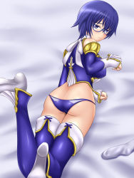Rule 34 | 1girl, ass, atlus, bed sheet, blue eyes, blue hair, blush, breasts, butt crack, covered erect nipples, embarrassed, glasses, high-cut armor (persona), highres, hip focus, hiro (hankakudouga), large breasts, legs, looking at viewer, matching hair/eyes, nipples, panties, persona, persona 4, shirogane naoto, short hair, socks, solo, thighhighs, underwear, very short hair