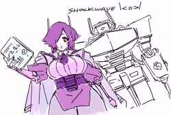Rule 34 | 1girl, arm cannon, book, breasts, character name, decepticon, genderswap, genderswap (mtf), holding, holding book, humanization, jacket, large breasts, looking at viewer, mecha, mu (meatfriedsteak), necktie, one-eyed, one eye covered, pantyhose, parted lips, purple hair, purple jacket, purple necktie, purple pantyhose, purple shirt, robot, shirt, shockwave (transformers), short hair, sketch, solo focus, transformers, weapon, white background