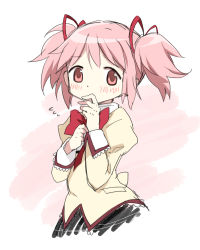 Rule 34 | 1girl, ayumaru (art of life), black skirt, blush, covering own mouth, cropped torso, dot nose, finger to mouth, flat chest, flying sweatdrops, furrowed brow, gradient background, hair ribbon, hands on own chest, high collar, highres, juliet sleeves, kaname madoka, long sleeves, looking away, mahou shoujo madoka magica, mahou shoujo madoka magica (anime), mitakihara school uniform, neck ribbon, nervous, pink background, pink eyes, pink hair, puffy sleeves, red ribbon, ribbon, school uniform, short twintails, sidelocks, simple background, skirt, solo, twintails, uniform, upper body, white background