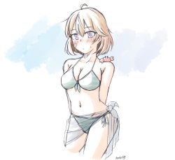 Rule 34 | 1girl, arms behind back, bandaid, bandaid on face, bikini, breasts, brown eyes, brown hair, cleavage, commentary request, contrapposto, cowboy shot, crab, crab on shoulder, green bikini, highres, kantai collection, medium breasts, oboro (kancolle), sarong, short hair, striped bikini, striped clothes, swimsuit, tatahai