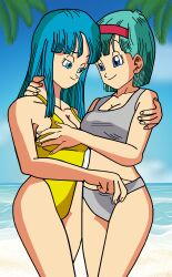 Rule 34 | 2girls, beach, bikini, blue eyes, blue hair, breasts, bulma, cleavage, day, dragon ball, dragonball z, earrings, hairband, highres, jewelry, large breasts, lesbilewd, looking at another, maron (dragon ball), multiple girls, ocean, outdoors, palm tree, smile, swimsuit, tree, underwear, yuri
