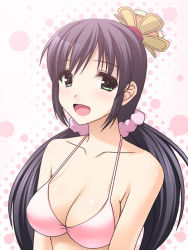 Rule 34 | 10s, 1girl, bad id, bad pixiv id, bikini, black hair, blush, breasts, cleavage, green eyes, hair ornament, large breasts, long hair, love live!, love live! school idol festival, love live! school idol project, low twintails, open mouth, pink bikini, scrunchie, smile, solo, swimsuit, totokichi, tojo nozomi, twintails