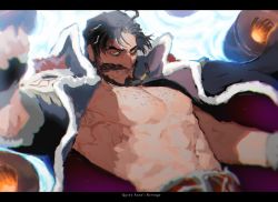 Rule 34 | 1boy, abs, alternate eye color, bara, bare pectorals, beard, belt, black hair, blurry, cannon, cape, chest hair, clenched hand, edward teach (fate), facial hair, fate (series), fingerless gloves, gloves, grin, letterboxed, looking at viewer, male focus, mustache, navel, omuraisusyougunn, pectorals, red eyes, smile, solo, upper body