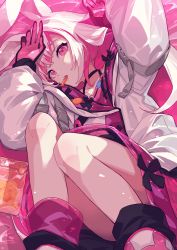Rule 34 | 1girl, animal ears, gloves, highres, jacket, long hair, looking at viewer, lying, multicolored hair, narumi arata, on side, open mouth, original, pink eyes, pink gloves, pink hair, pink theme, rabbit ears, solo, two-tone hair, white hair, white jacket