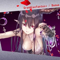 Rule 34 | 10s, 1girl, black hair, breasts, cleavage, danua, draph, elf, gem, gloves, granblue fantasy, horns, jewelry, large breasts, long hair, necklace, pointy ears, red eyes, solo, yuugen