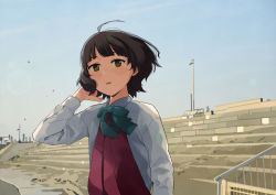 Rule 34 | 1girl, antenna hair, banned artist, blue sky, bow, bowtie, brown eyes, brown hair, commentary request, day, dress, hand in own hair, kantai collection, kishinami (kancolle), looking at viewer, makio (makiomeigenbot), outdoors, parted lips, purple dress, school uniform, shirt, short hair, sky, solo, stadium, upper body, white shirt