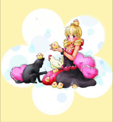 Rule 34 | 1girl, animal, bird, black panther, blonde hair, blush, breasts, chick, chicken, cleavage, corset, crown, dress, drill hair, heart, heart-shaped pillow, in palm, mini crown, official art, panther, pillow, red eyes, rose bernstein, seiza, sitting, snk, the king of fighters, twin drills, twintails