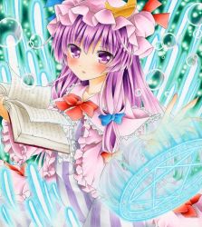 Rule 34 | 1girl, blush, book, bubble, crescent, crescent hair ornament, double bun, dress, expressionless, fingernails, hair bun, hair ornament, hair ribbon, hat, hat ribbon, hexagram, light trail, long hair, looking at viewer, magic circle, marker (medium), mob cap, open book, outstretched hand, patchouli knowledge, purple eyes, purple hair, ribbon, robe, sharp fingernails, sidelocks, solo, striped clothes, striped dress, touhou, traditional media, tress ribbon, wassmint