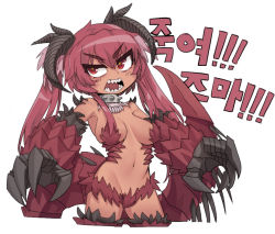 Rule 34 | 1girl, bandersnatch (black souls), black horns, black souls, breasts, chibi, claws, collar, cropped legs, crossed bangs, dark-skinned female, dark skin, fur, grey collar, groin, hair between eyes, horns, korean text, medium breasts, midriff, monster girl, multicolored hair, navel, nyong nyong, pink hair, red eyes, red fur, red tail, ringed eyes, sharp teeth, simple background, solo, spiked collar, spikes, tail, teeth, translation request, twintails, two-tone hair, v-shaped eyebrows, white background, yellow pupils