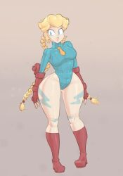 Rule 34 | 1girl, blonde hair, boots, bow, bowtie, cammy white, cammy white (cosplay), cosplay, gloves, leotard, lickagoat, long hair, mario (series), nintendo, princess peach, street fighter, street fighter zero (series), wide hips