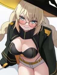 Rule 34 | 1girl, aesc (fate), aqua eyes, black hat, black jacket, blonde hair, blush, braid, breasts, cleavage, cowboy shot, fate/grand order, fate (series), glasses, hat, jacket, katashiro, large breasts, long hair, long sleeves, looking at viewer, round eyewear, short shorts, shorts, smile, solo, white background, witch hat
