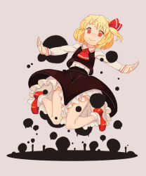 Rule 34 | 1girl, ascot, black skirt, blonde hair, eyebrows, hair ribbon, highres, jean (jean sp), long sleeves, outstretched arms, petticoat, red eyes, ribbon, rumia, short hair, skirt, skirt set, smile, solo, thick eyebrows, touhou, vest