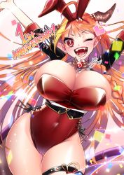 Rule 34 | 1girl, ahoge, alternate costume, animal ears, anniversary, arms up, black bow, black jacket, blonde hair, blouse, blunt bangs, blush, bow, bowtie, braid, breasts, brooch, celebration, cleavage, collared shirt, commentary request, confetti, diagonal-striped bow, dragon girl, dragon horns, dragon tail, english text, fake animal ears, fangs, gem, hair ornament, heart, highres, hololive, horn bow, horn ornament, horns, isuka, jacket, jewelry, kiryu coco, large breasts, leotard, long hair, looking at viewer, multicolored bow, multicolored hair, one eye closed, open mouth, orange hair, playboy bunny, pointy ears, rabbit ears, red eyes, red headwear, red leotard, scales, shirt, side braid, signature, simple background, single braid, single strap, smile, solo, strapless, strapless leotard, streaked hair, striped, tail, thick thighs, thigh strap, thighs, tongue, upper body, virtual youtuber, white bow, white shirt