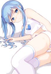 Rule 34 | 1girl, bare arms, bare shoulders, bemani, blue bra, blue eyes, blue hair, blush, bra, breasts, character request, cleavage, cleavage cutout, clothing cutout, crop top, feet out of frame, hand on own crotch, highres, legs, legs together, long hair, looking at viewer, lying, midriff, miniskirt, on side, shirt, sidelocks, skirt, sleeveless, sleeveless shirt, small breasts, solo, sound voltex, takanawa, thighhighs, thighs, underwear, wavy mouth, white background, white shirt, white skirt, white thighhighs