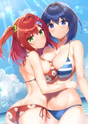 Rule 34 | 2girls, absurdres, arched back, arm at side, artist name, ass, asymmetrical docking, bare arms, bare back, bare shoulders, beach, bikini, blue bikini, blue eyes, blue hair, blue sky, bob cut, breast press, breasts, butt crack, cleavage, closed mouth, cloud, collarbone, commentary request, cowboy shot, day, dolphin hair ornament, dolphin wave, dutch angle, floral print, green eyes, green skirt, hair intakes, hair ornament, hair scrunchie, halterneck, hand on another&#039;s waist, highres, horizon, large breasts, lens flare, light blush, long hair, looking at viewer, looking back, medium hair, multiple girls, navel, one side up, outdoors, pinesphere, print bikini, red bikini, red hair, sakimiya iruka, scrunchie, short hair, shoulder blades, side-tie bikini bottom, sidelocks, skindentation, skirt, sky, smile, standing, stomach, strap gap, striped bikini, striped clothes, sunlight, sweat, swimsuit, tojou michiru, yuri