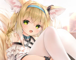 Rule 34 | 1girl, animal ears, arknights, bare shoulders, black choker, blonde hair, blue hairband, blush, braid, braided hair rings, chen bin, choker, commentary request, fang, feet out of frame, fox ears, green eyes, hairband, head tilt, hugging own legs, infection monitor (arknights), knees up, long hair, looking at viewer, open mouth, pantyhose, sitting, solo, suzuran (arknights), upper body, white pantyhose