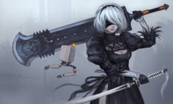 Rule 34 | 1girl, black dress, black gloves, black hairband, blindfold, breasts, cleavage, cleavage cutout, clothing cutout, covered eyes, dress, dual wielding, dzydar, feather-trimmed sleeves, gloves, hairband, holding, holding weapon, huge weapon, katana, long sleeves, medium breasts, nier (series), nier:automata, over shoulder, pod (nier:automata), puffy long sleeves, puffy sleeves, reverse grip, side slit, silver hair, sword, sword over shoulder, vambraces, weapon, weapon over shoulder, 2b (nier:automata)