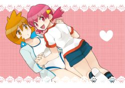 Rule 34 | 00s, 2girls, back, bad id, bad pixiv id, blush, breasts, brown eyes, creatures (company), game freak, gym leader, jacket, misty (pokemon), multiple girls, nintendo, one-piece swimsuit, open mouth, orange hair, pink eyes, pink hair, pokemon, pokemon hgss, shita ppa, shorts, small breasts, smile, swimsuit, twintails, whitney (pokemon)
