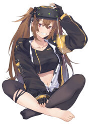 Rule 34 | 1girl, 404 logo (girls&#039; frontline), armband, asymmetrical legwear, black jacket, black pantyhose, breasts, brown hair, commentary, fang, fingerless gloves, full body, girls&#039; frontline, gloves, grin, hair ornament, hairclip, hand on own leg, head-mounted display, highres, ina (inadiary), indian style, jacket, large breasts, long hair, looking at viewer, midriff, navel, no shoes, open clothes, open shirt, pantyhose, partially unbuttoned, red eyes, scar, scar across eye, scar on face, simple background, single barefoot, sitting, smile, solo, stomach, twintails, ump9 (girls&#039; frontline), ump9 (mod3) (girls&#039; frontline), unbuttoned, unbuttoned shirt, white background, yellow armband