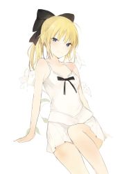 Rule 34 | 1girl, ahoge, artoria pendragon (all), artoria pendragon (fate), bad id, bad twitter id, bare arms, bare shoulders, black bow, blonde hair, blue eyes, bow, collarbone, dress, fate/unlimited codes, fate (series), flower, knee up, leaning back, lily (flower), looking at viewer, lpip, pale skin, ponytail, saber (fate), saber (summer memory) (fate), saber lily, short ponytail, sitting, smile, solo, white background, white dress