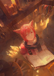 Rule 34 | 1boy, animal ears, book, bookshelf, candle, cat ears, facial mark, final fantasy, final fantasy xiv, g&#039;raha tia, hair between eyes, library, looking at viewer, looking up, male focus, miqo&#039;te, neck tattoo, open book, red eyes, red hair, short hair, solo, standing, tattoo, zxin