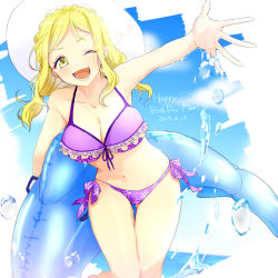 Rule 34 | 1girl, ;d, azuma (no488888), bikini, blonde hair, braid, breasts, cleavage, crown braid, dated, frilled bikini, frills, happy birthday, hat, heart, inflatable dolphin, inflatable toy, large breasts, long hair, looking at viewer, love live!, love live! school idol festival, love live! sunshine!!, low twintails, navel, ohara mari, one eye closed, open mouth, purple bikini, side-tie bikini bottom, smile, solo, splashing, sun hat, swimsuit, thigh gap, twintails, v-shaped eyebrows, yellow eyes