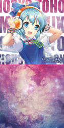 Rule 34 | 1girl, absurdres, album cover, arms up, belldot, blue dress, blue eyes, blue hair, bow, bracelet, cirno, cover, dress, eyewear hang, unworn eyewear, hair bow, hands on headphones, headphones, highres, ice, ice cream cone, ice wings, iosys, jewelry, looking at viewer, matching hair/eyes, open mouth, puffy short sleeves, puffy sleeves, round teeth, shirt, short hair, short sleeves, smile, solo, star (sky), teeth, touhou, triangle, upper body, wings