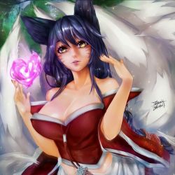 Rule 34 | 1girl, ahri (league of legends), animal ears, blue hair, breasts, detached sleeves, dress, ejami, fox, fox ears, fox girl, fox tail, heart, highres, large breasts, league of legends, lips, pitui1996, red dress, self-upload, solo, tail, yellow eyes