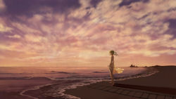 Rule 34 | 1girl, bad id, bad pixiv id, barefoot, beach, blue sky, cloud, dress, gou (tomero), green eyes, gumi, highres, looking back, ocean, outdoors, photoshop (medium), railroad tracks, see-through, sky, solo, stick, sunset, tomero, vocaloid, waves, yellow dress