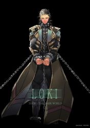Rule 34 | 10s, 1boy, 2014, animification, armor, avengers (series), bad id, bad pixiv id, black background, black hair, boots, chain, character name, cloak, cuffs, full body, handcuffs, hh (hhsis2), loki (marvel), long sleeves, male focus, marvel, marvel cinematic universe, shackles, short hair, simple background, smile, solo, thor: the dark world