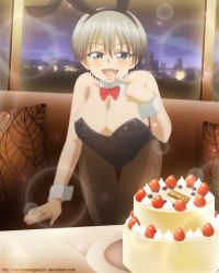 Rule 34 | 1girl, :d, absurdres, animal ears, bare shoulders, blue eyes, blush, bow, bowtie, breasts, cake, cleavage, commission, dessert, detached collar, fake animal ears, fang, finger to mouth, food, fruit, grey hair, hair between eyes, highres, icing, large breasts, leotard, looking at viewer, narutorenegado01, open mouth, pantyhose, playboy bunny, rabbit ears, short hair, skin fang, smile, solo, strawberry, uzaki-chan wa asobitai!, uzaki hana, wrist cuffs