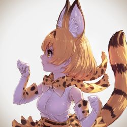Rule 34 | 10s, 1girl, animal ears, bare shoulders, belt, blonde hair, bow, bowtie, commentary request, elbow gloves, gloves, high-waist skirt, highres, kemono friends, multicolored hair, paw pose, profile, realistic, serval (kemono friends), serval print, serval tail, short hair, skirt, sleeveless, solo, tail, takami masahiro, upper body, yellow eyes